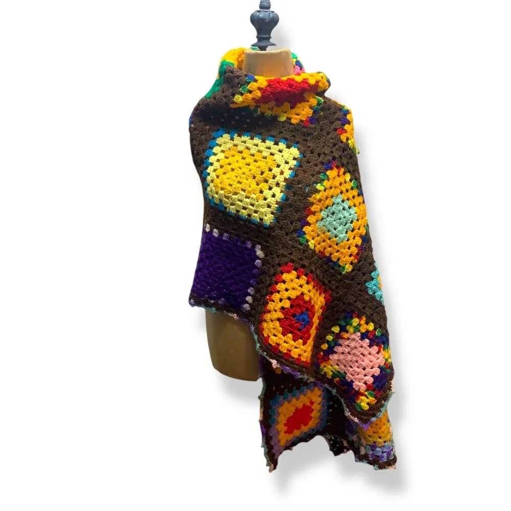 Handcrafted Colorful Crochet Granny Square Wrap Shawl Brown Base Boho Cottagecor
